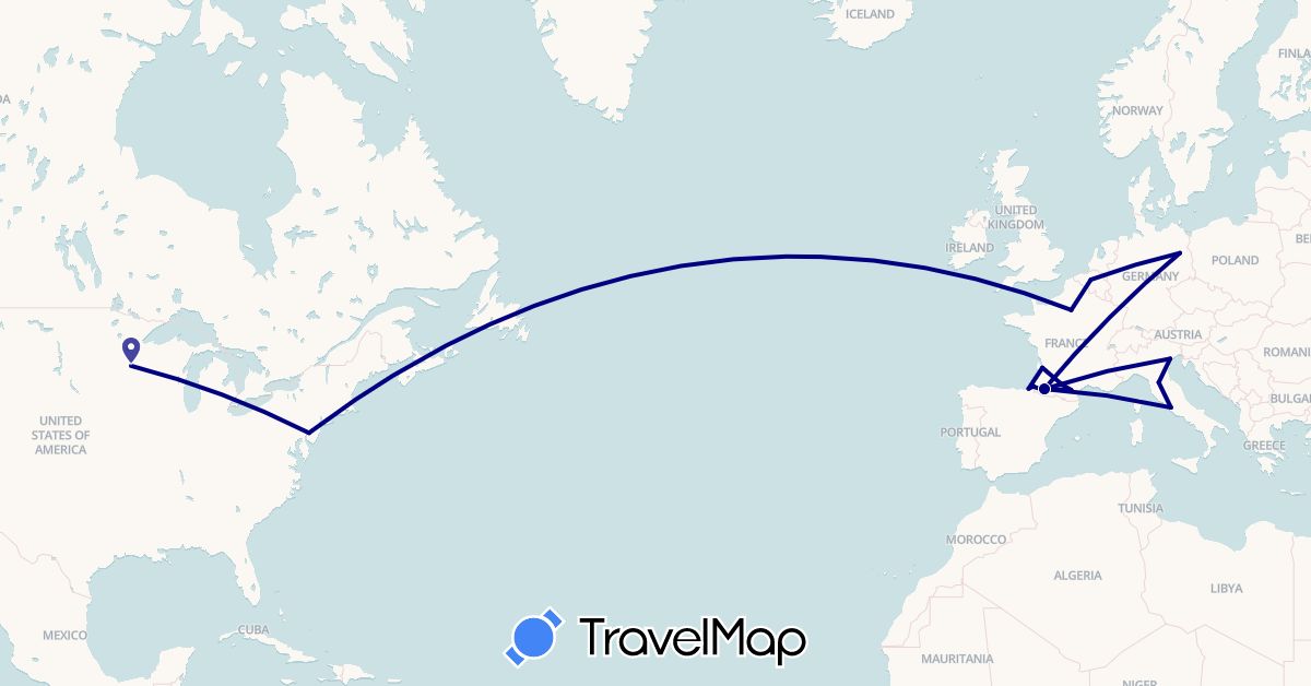 TravelMap itinerary: driving in Belgium, Germany, Spain, France, Italy, United States (Europe, North America)